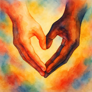 Watercolor of two hands, one dark and one light, forming a heart in radiant color