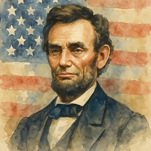 Watercolor portrait of Abraham Lincoln with the American flag behind him