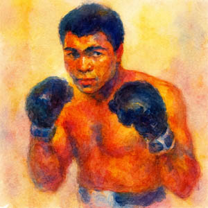 Watercolor portrait of Muhammad Ali, confident and smiling with boxing gloves raised