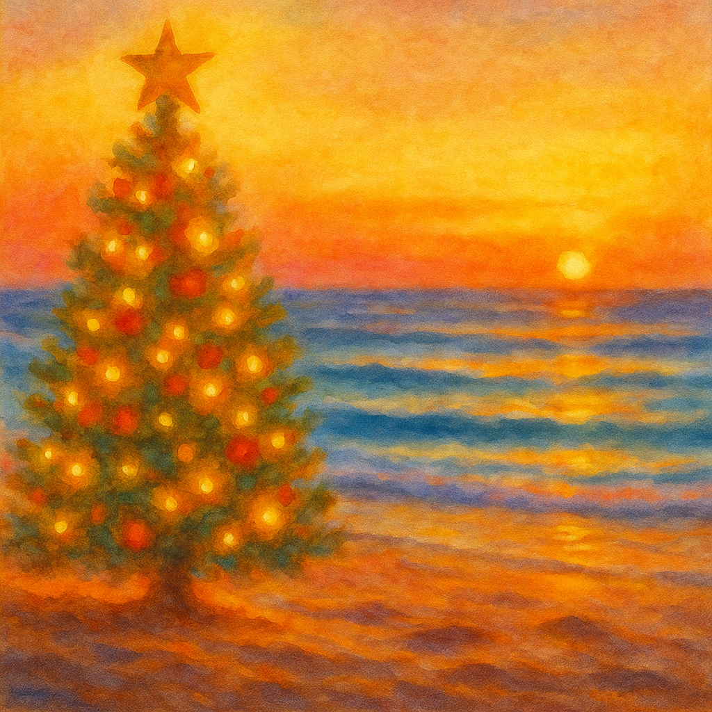 Watercolor of a Christmas tree on a Hawaiian beach at sunset, with gentle waves and warm light