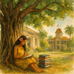 Watercolor of books from Hawaii Main Downtown Library