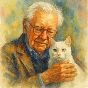 Watercolor portrait of Cleveland Amory with Polar Bear the cat
