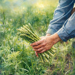 Watercolor of fresh-cut asparagus held in a gardener’s hand, bright with playful spring greens