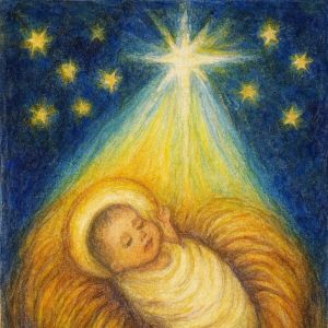 Watercolor nativity scene of baby Jesus resting in a glowing manger beneath a radiant star