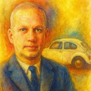 Watercolor portrait of William Bernbach with a classic Volkswagen Beetle behind him