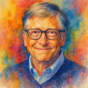 Watercolor portrait of Bill Gates — curious, focused, and generous