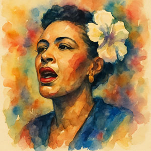 Watercolor portrait of Billie Holiday — luminous and soulful, wearing her white gardenia, painted in the Daily Celebrations style