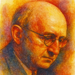 Watercolor portrait of Clarence Birdseye in warm orange and golden tones.