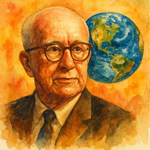 R. Buckminster Fuller with an image of the Earth
