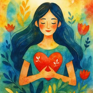 Watercolor figure with long dark hair holding a red heart, peaceful and surrounded by leaves and flowers