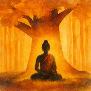 Watercolor of the Buddha in meditation, serene and radiant