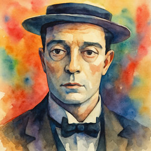 Square watercolor portrait of Buster Keaton—The Great Stone Face—rendered in vibrant Daily Celebrations style with calm gaze and classic porkpie hat
