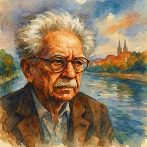Watercolor of writer Elias Canetti and the Danube River