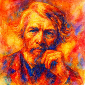 Watercolor portrait of Thomas Carlyle with a thoughtful expression and warm, earthy tones