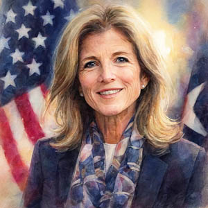 Watercolor portrait of Caroline Kennedy smiling in front of an American flag
