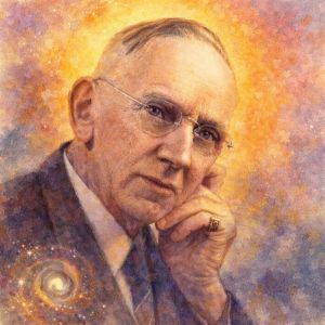 Watercolor portrait of Edgar Cayce with a glowing sun halo and luminous spiral symbolizing spiritual insight and healing