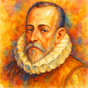 Square watercolor portrait of Miguel de Cervantes in warm, radiant colors with soft, flowing brushwork — no text