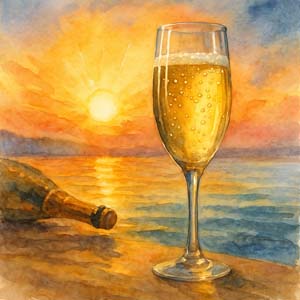 Champagne glass at sunrise
