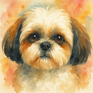 Shih tzu with a feather-duster tail and chrysanthemum face, sitting proudly