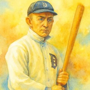 Watercolor portrait of Ty Cobb in determined, vintage hues