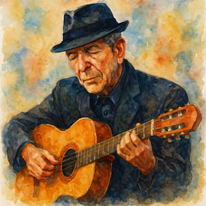 Watercolor portrait of Leonard Cohen singing Suzanne in London 2008