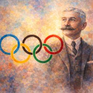 Watercolor-style portrait inspired by Baron Pierre de Coubertin with Olympic rings