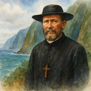 Watercolor portrait of Father Damien standing with compassion among the cliffs of Molokaʻi