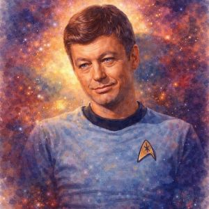 Watercolor portrait of DeForest Kelley as Dr. Leonard McCoy with radiant golden halo and cosmic star spiral