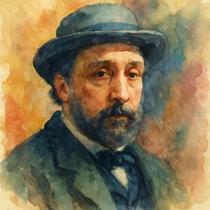 Watercolor portrait of Edgar Degas, wearing a soft blue-gray hat and suit, with a contemplative expression and a background of blended warm and cool tones