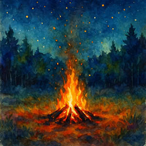 Watercolor of a moonlit campsite fire, sending up sparks like wandering fireflies, an emblem of longing’s glow and the birth of creation.
