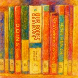 Watercolor of colorful library books on a shelf, glowing with warm, radiant, bookish colors