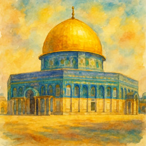 Watercolor of the Dome of the Rock glowing in golden light, Jerusalem