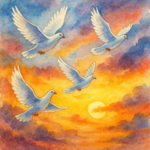 Square watercolor evoking peace — soft doves and quiet light