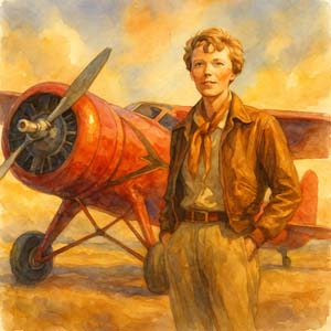 Amelia Earhart beside her red Lockheed Vega, under golden skies