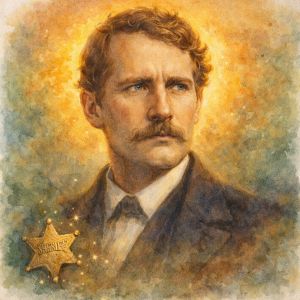 Watercolor portrait of frontier lawman Wyatt Earp with a glowing sun halo and sheriff’s star symbolizing courage and frontier justice