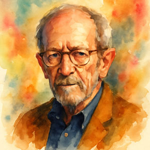 Watercolor portrait of Elmore Leonard, eyes alive with wit and precision, painted in Detroit-toned light