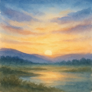 Square watercolor of sunrise light over a quiet landscape, hinting at calm emotion