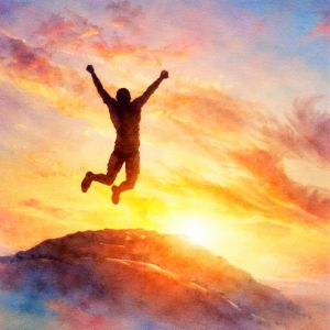 Square watercolor suggesting enthusiasm — bright sunrise colors and a joyful burst of energy