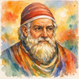 Square watercolor portrait of Euclid in radiant, passionate colors
