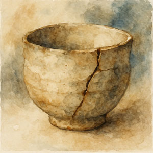 Square watercolor of a repaired ceramic tea bowl — wabi-sabi cracks, warm earth tones