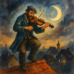 Fiddler playing under twilight skies. A Daily Celebrations watercolor