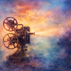 Square watercolor of a vintage movie camera projecting light, symbolizing film-making and storytelling