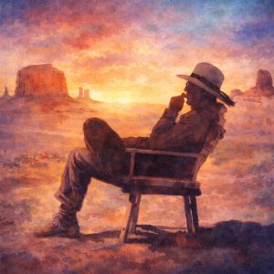 Square photograph of John Ford filming at sunset in Monument Valley