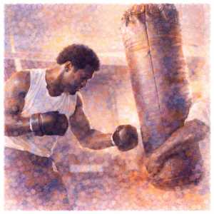 Watercolor portrait of George Foreman, warm and steady, in the Daily Celebrations style