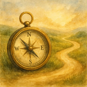 Square watercolor of a compass and a winding path — gentle light, forward motion