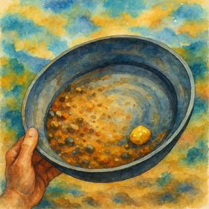 Vibrant square watercolor of a gold pan swirling river sand — no words — radiant Daily Celebrations palette