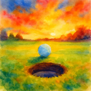 Watercolor of a golf ball poised at the edge of the cup at sunset, glowing with gentle radiant light