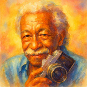 Watercolor portrait of Gordon Parks holding a camera, thoughtful and determined