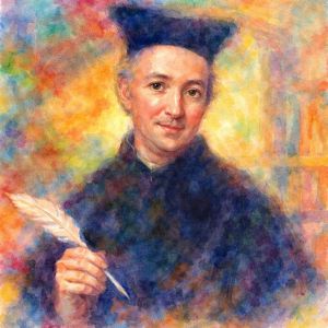 Radiant watercolor portrait of Baltasar Gracián, Spanish Jesuit writer of wisdom and insight