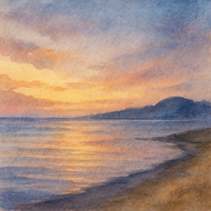 Watercolor of a quiet shoreline at dusk